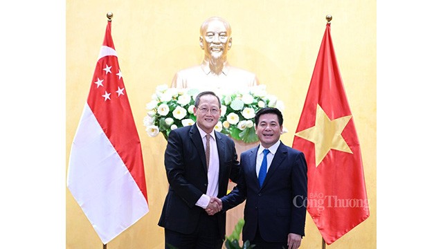 Le ministre de l’Industrie et du Commerce, Nguyên Hông Diên (à droite) et son homologue singapourien, Tan See Leng (à gauche) lors de l'entretien. Photo: congthuong.vn