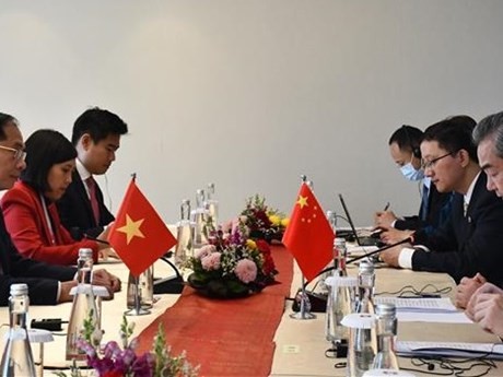 Le ministre vietnamien des Affaires étrangères, Bùi Thanh Son (à gauche) rencontre à Jakarta le membre du Bureau politique du Parti communiste chinois et Directeur du Bureau de la Commission centrale pour les Affaires étrangères du PCC, Wang Yi. Photo: VNA.
