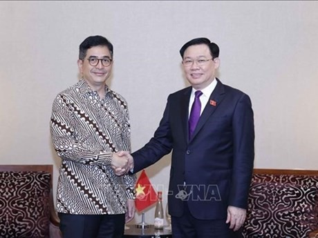 Le Président de l'Assemblée nationale du Vietnam, Vuong Dinh Huê, (à droite) et le président de la Chambre de Commerce et d'Industrie indonésienne, Arsjad Rasjid P. M.. Photo : VNA.