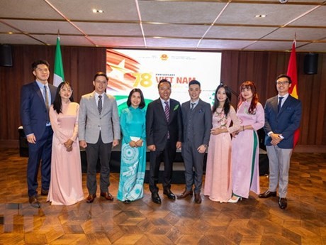 L'ambassadeur vietnamien au Royaume-Uni et en Irlande, Nguyên Hoàng Long, et les membres du Comité exécutif provisoire et du Comité de consultation de l'Association des étudiants vietnamiens en Irlande. Photo : VNA.