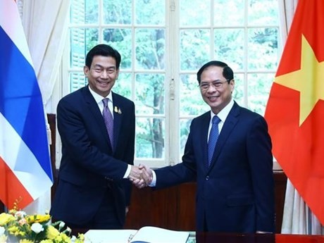 Le ministre vietnamien des Affaires étrangères, Bùi Thanh Son (à droite) et le Vice-Premier ministre thaïlandais et ministre des Affaires étrangères, Parnpree Bahiddha - Nukara. Photo : VNA.