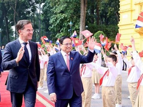 Le Premier ministre Pham Minh Chinh (à droite) et son homologue néerlandais Mark Rutte à la cérémonie d'accueil, le 2 novembre à Hanoï. Photo : VNA.