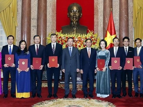 Le Président Vo Van Thuong et de nouveaux ambassadeurs. Photo : VNA.
