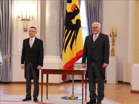 L'ambassadeur du Vietnam en Allemagne Vu Quang Minh (gauche) et le président fédéral d'Allemagne Frank-Walter Steinmeier. Photo: VNA