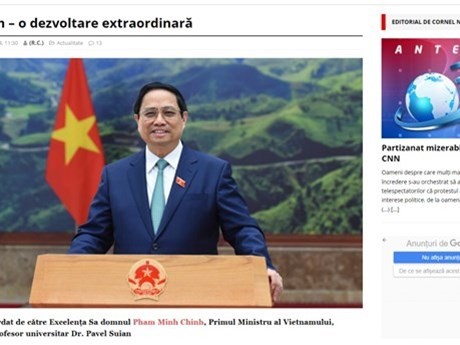 Capture d’écran de l’interview du Premier ministre vietnamien Pham Minh Chinh accordée à la presse roumaine. Photo : VNA.