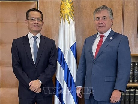 Le ministre uruguayen des Affaires étrangères Omar Paganini et l'ambassadeur vietnamien Duong Quôc Thanh (à gauche). Photo : VNA.