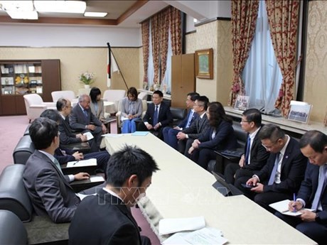 Séance de travail entre le ministre vietnamien des Finances Hô Duc Phoc et son homologue japonais Shunichi Suzuki. Photo : VNA.