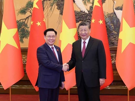 Le Président de l’Assemblée nationale du Vietnam (ANV) Vuong Dinh Huê (à gauche) et le Secrétaire général du Parti communiste chinois (PCC) et Président chinois Xi Jinping se serrent la main, à Pékin, le 8 avril. Photo : VNA.