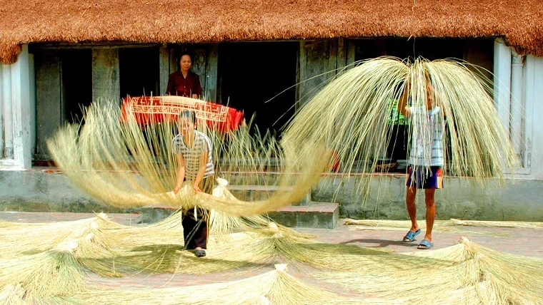 Le métier de tissage du carex de Kim Son. Photo : Centre d'information étrangère de la province de Ninh Binh.