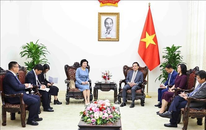 Le vice-Premier ministre Trân Luu Quang (à droite, au centre) recevant la présidente du groupe Sailun, Liu Yan Hua, à Hanoi, le 29 juillet. Photo : VNA.