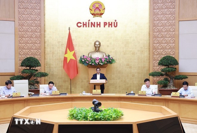 Le Premier ministre Pham Minh Chinh lors de la réunion du gouvernement, le 5 août. Photo : VNA.