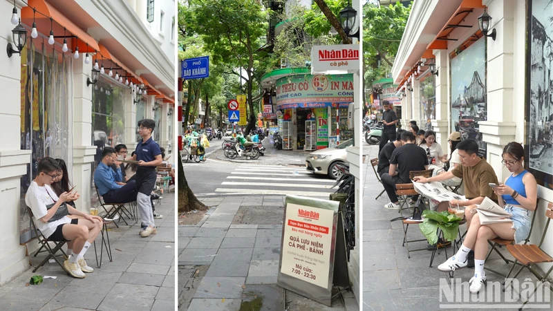 Un espace de lecture du journal Nhân Dân évoque la nostalgie : café sur le trottoir et journaux imprimés. Photo : NDEL.