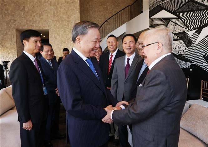 Le Secrétaire général du Comité central (CC) du Parti communiste du Vietnam (PCV), Président du Vietnam, To Lam (à cravatte bleue foncée) rerencontre un groupe d'intellectuels vietnamiens à Houston, aux États-Unis. Photo : VNA.