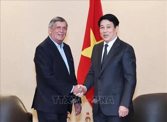 Le Président Luong Cuong (à droite) rencontre le chef du Parti communiste du Chili à Santiago. Photo : VNA.