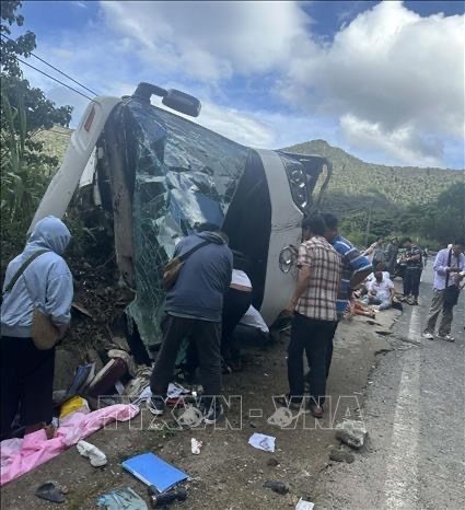 Quatre touristes chinois ont été tués et de nombreux autres blessés après le renversement d'un autocar au col de Khanh Le. Photo : VNA.