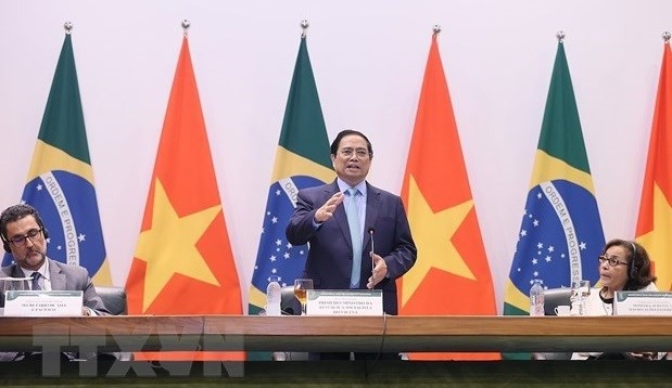 Le Premier ministre Pham Minh Chinh a prononcé un discours important sur la politique vietnamienne au ministère brésilien des Affaires étrangères, le 25 septembre. Photo : VNA.
