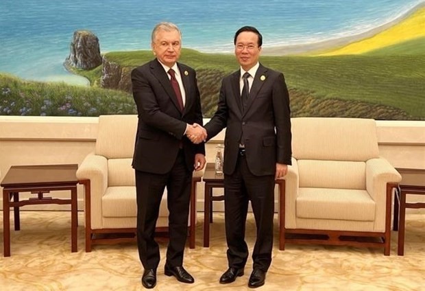 Le Président vietnamien, Vo Van Thuong (à droite) et son homologue ouzbek, Shavkat Mirziyoyev. Photo : VNA.