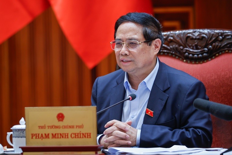 Le Premier ministre Pham Minh Chinh s’exprime lors de la réunion, à Hanoï, le 20 mai. Photo : VGP.