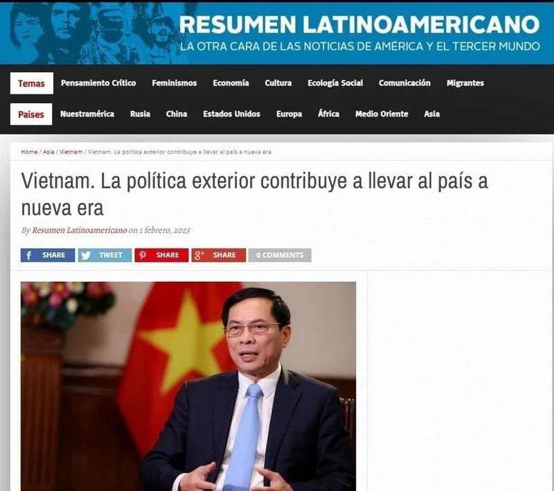 Le 1er février, le journal argentin Resumen Latinoamericano a publié un article mettant en avant la politique étrangère du Vietnam à l’occasion du 95ᵉ anniversaire de la fondation du Parti communiste du Vietnam (3 février 1930 - 3 février 2025). Photo: VNA