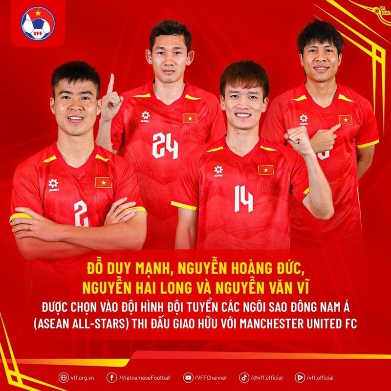 Les footballeurs vietnamiens Nguyen Hoang Duc, Nguyen Van Vi, Nguyen Hai Long et Do Duy Manh rejoindront l'équipe des ASEAN All-Stars, qui disputera un match amical contre Manchester United. Photo : VNA.