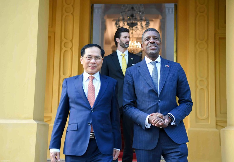 Le vice-Premier ministre et ministre des Affaires étrangères Bui Thanh Son (à gauche) et le ministre des Affaires étrangères, des Affaires internationales, du Commerce et de l'Énergie du Commonwealth de la Dominique, Vince Henderson. Photo : baoquocte.vn 