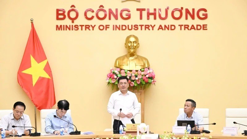Le ministre de l’Industrie et du Commerce Nguyen Hong Dien (debout) exprime à la réunion de travail. Photo : NDEL.