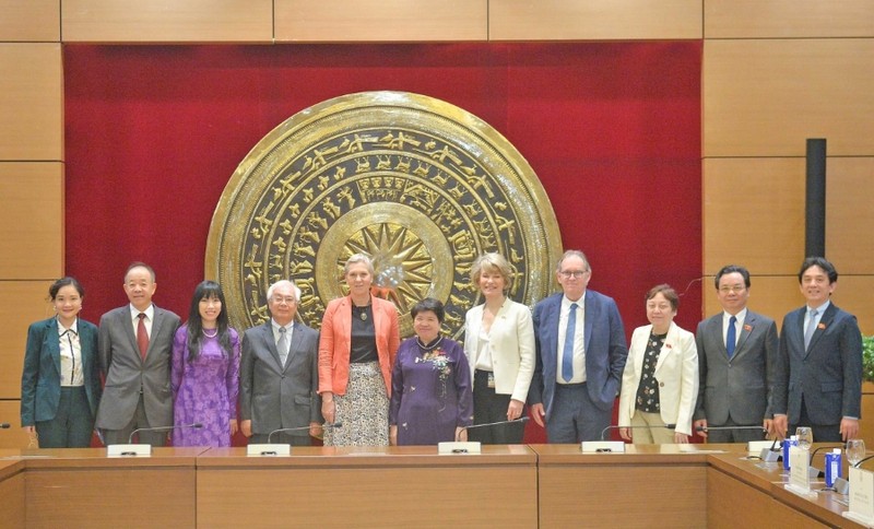 Mme Nguyen Thuy Anh (au centre), vice-présidente de la Commission centrale des politiques et stratégies, présidente du Groupe parlementaire d’amitié Vietnam – France, reçoit la délégation du Groupe d’amitié France – Vietnam du Parlement français. Photo : daibieunhandan.