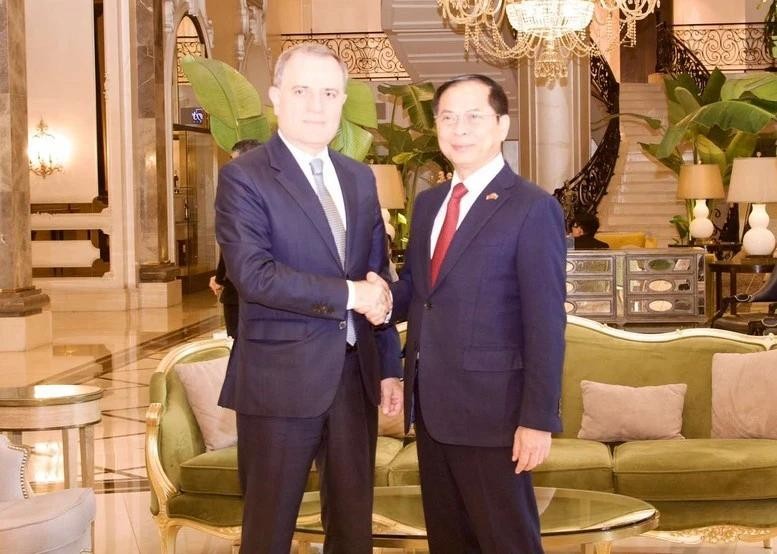 Le vice-Premier ministre et ministre des Affaires étrangères du Vietnam, Bui Thanh Son (à droite), et le chef de la diplomatie azerbaïdjanaise, Djeyhoun Baïramov. Photo : VGP.
