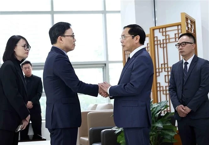 Le vice-Premier ministre vietnamien et ministre des Affaires étrangères Bui Thanh Son (3e à partir de la gauche) présente ses condoléances à l'ambassadeur de la République de Corée au Vietnam Choi Youngsam. Photo : VNA.