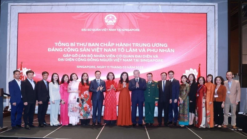 Le secrétaire général Tô Lâm prend la photo avec des représentants de la communauté vietnamienne de Singapour. Photo : VNA.