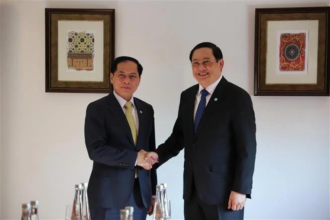 Le vice-Premier ministre et ministre des Affaires étrangères Bui Thanh Son (gauche) a rencontré le Premier ministre lao Sonexay Siphandone. Photo : VNA. 