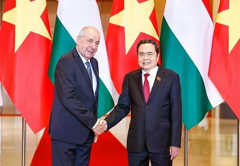 Le président de l’Assemblée nationale Tran Thanh Man (à droite), et le président hongrois Sulyok Tamas, à Hanoi, le 28 mai. Photo : VNA. 