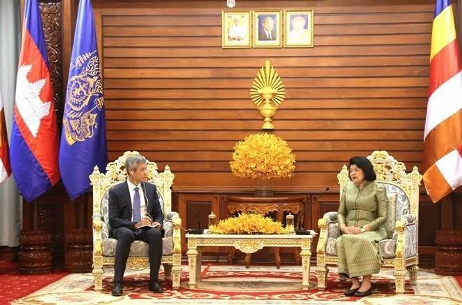 Samdech Moha Rathsapheathika Thipadei Khuon Sudary, présidente de l'Assemblée nationale du Cambodge, reçoit l'ambassadeur du Vietnam au Cambodge, Nguyên Minh Vu. Photo : VNA. 