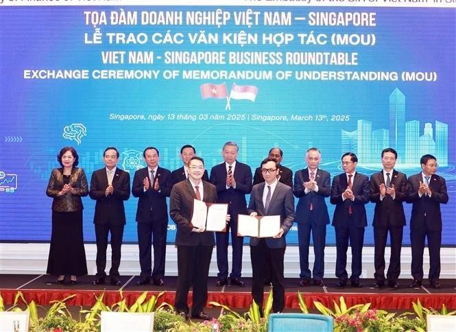 Le secrétaire général du Comité central du Parti communiste du Vietnam, Tô Lâm, supervise l'échange des documents de coopération lors d'une table ronde des affaires Vietnam-Singapour, à Singapour, le 13 mars. Photo : VNA. 