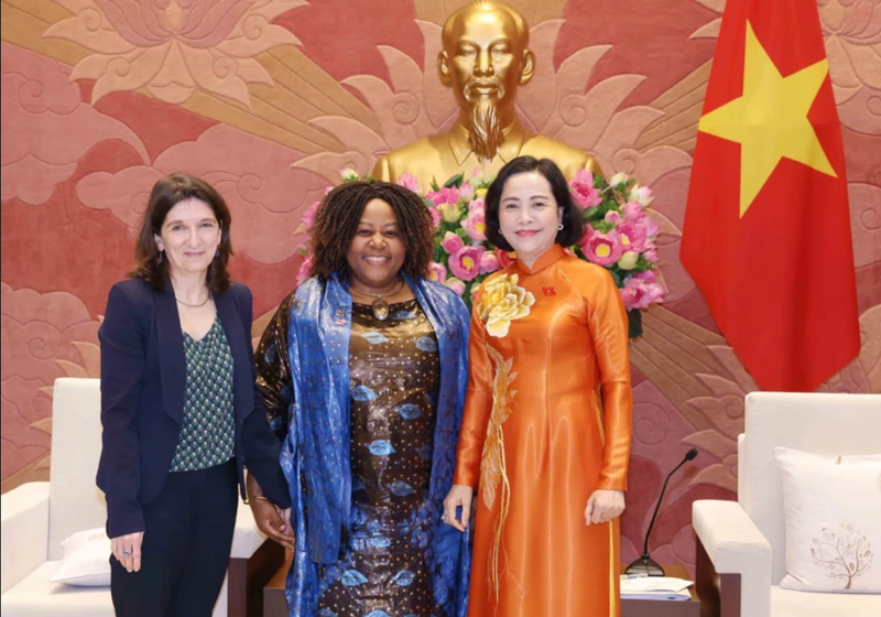 La vice-présidente de l’Assemblée nationale, Nguyên Thi Thanh (1ère du droite), a reçu mardi, 4 mars, à Hanoï Caroline Nyamayemombe,, eprésentante en chef de l’ONU Femmes au Vietnam, et Michaela Bauer, représentante adjointe de l’UNICEF au Vietnam. Photo : VNA.