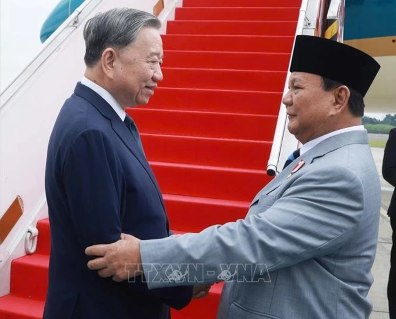 Le président Prabowo Subianto fait ses adieux au secrétaire général du Parti communiste du Vietnam, Tô Lâm. Photo : VNA.