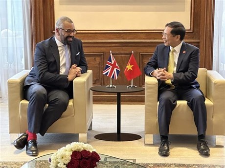 Le ministre des Affaires étrangères, Bui Thanh Son (droite), et son homologue britannique, James Cleverly. Photo: VNA