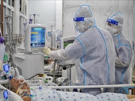 Des médecins soignent un patient atteint du COVID. Photo : VNA.