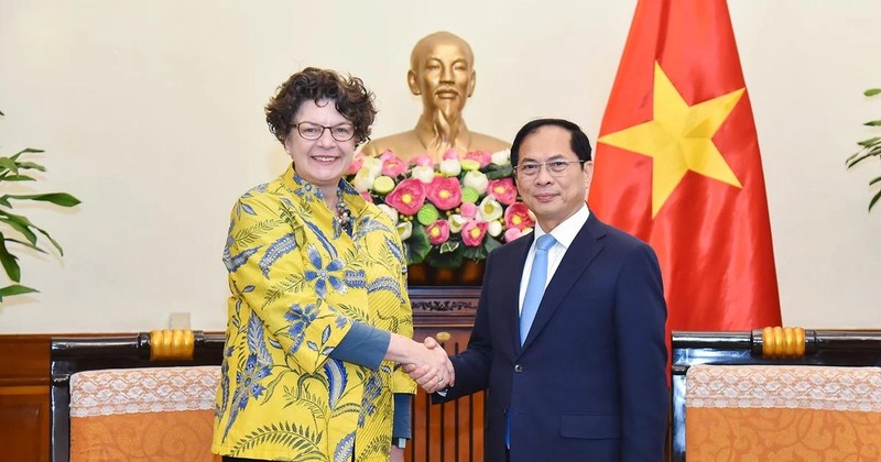 Le vice-Premier ministre et ministre vietnamien des Affaires étrangères Bui Thanh Son et l’ambassadrice d’Allemagne au Vietnam Helga Margarete,