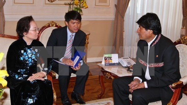 La vice-présidente vietnamienne, Nguyên Thi Doan, lors de la rencontre avec le Président bolivien, Evo Morales. Photo: VNA.