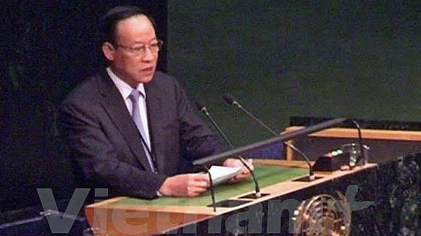 Le général de corps d'armée Lê Quy Vuong lors de la session extraordinaire de l'ONU sur les drogues à New York. Photo: VNA.