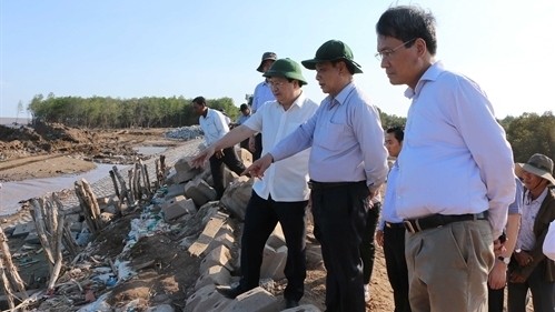 Le vice-PM Trinh Dinh Dung examine la digue de la mer dans la commune de Vinh Châu, province de Soc Trang. Photo: VNA.
