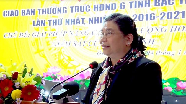 La Vice-Présidente permanente de l’AN, Tong Thi  Phong, prend la parole lors de la 1ère conférence des permanences des Conseils populaires des 6 provinces au nord du Centre pour le mandat 2016-2021. Photo: NDEL
