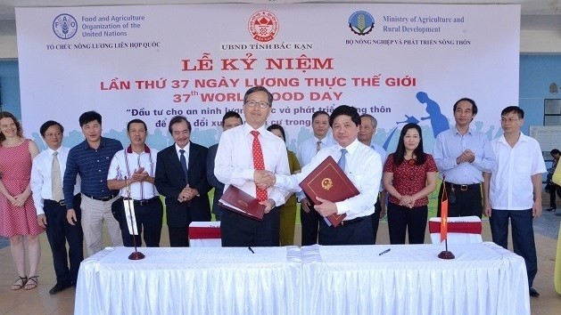 Des représentants de la FAO et du ministère vietnamien de l'Agriculture et du Développement rural signent le programme-cadre de coopération pour 2017-2021. Photo : NDEL.