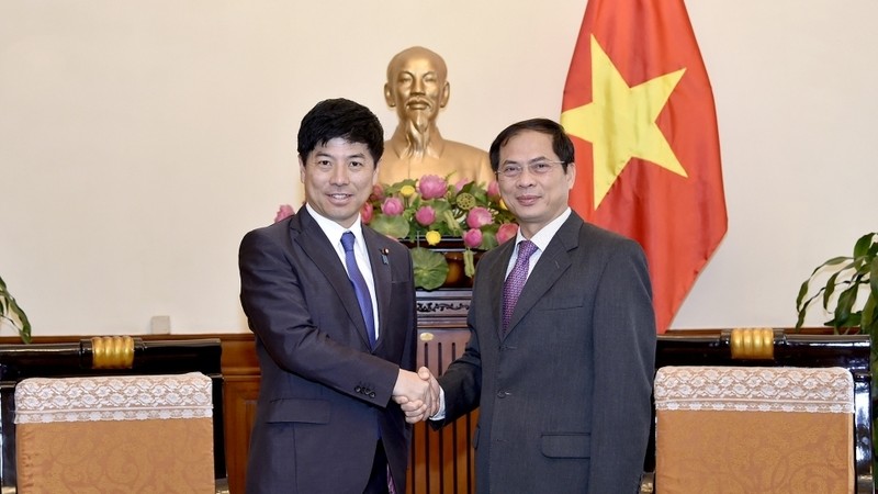 Le vice-ministre vietnamien des AE, Bùi Thanh Son (à droite), et son homologue japonais Kazuyuki Nakane, le 10 avril, à Hanoi. Photo: TGVN.