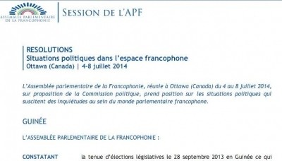 Résolution de l’Assemblé Parlementaire de la Francophonie sur la Mer Orientale. Source (APF). 