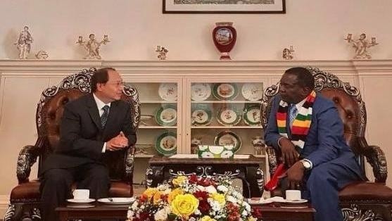 L’ambassadeur vietnamien en Afrique du Sud et au Zimbabwe, Vu Van Dung (à gauche), et le Président zimbabwéen Emmerson Mnangagwa. Photo: VNA.