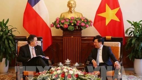 Le Vice-PM et ministre vietnamien des AE Pham Binh Minh (à droite) et le ministre chilien des AE Roberto Ampuero. Photo : VNA.