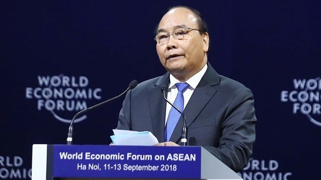 Le Premier ministre Nguyên Xuân Phuc s’exprime en ouverture du Forum économique mondial sur l’ASEAN 2018 à Hanoi. Photo : VNA
