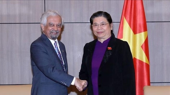 La Vice-Présidente permanente de l’AN vietnamienne, Tong Thi Phong (à droite), et le coordinateur résident de l’ONU et représentant en chef du PNUD au Vietnam, Kamal Malhotra. Photo : VNA.